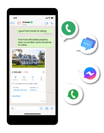 Real Estate Chatbot With seamlessly connect with leads through WhatsApp, Facebook Messenger, SMS, and even voice calls